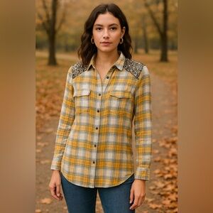 Free People Yellow Plaid Button Down Shirt